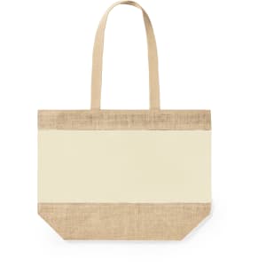 A tote bag featuring a cream body with a natural hessian bottom, equipped with two long handles and a logo.
