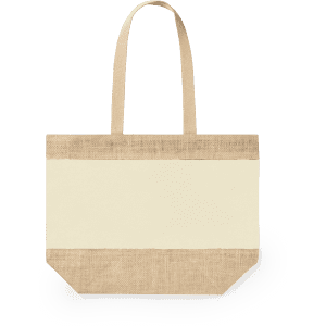 A beige tote bag with a natural hessian bottom and handles, featuring a plain cream panel in the centre.