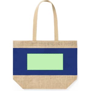 A jute tote bag featuring a navy blue section with a light green panel and long handles. It has a branding logo.