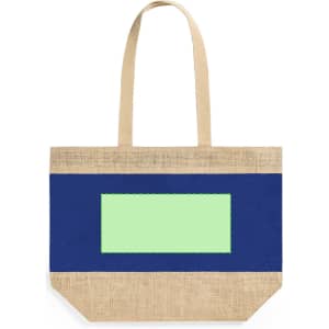 A jute bag featuring a navy blue upper section and a natural beige bottom, with a blank area for branding.