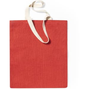 A red tote bag with cream handles, featuring a simple design and no visible branding.