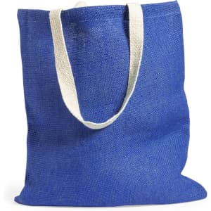 A blue tote bag with cream-coloured handles and a textured finish. It features a branding logo.