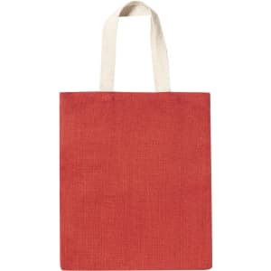 A red tote bag with cream-coloured handles and a plain design. It features a logo on one side.