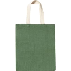 A green tote bag with natural-coloured handles and a simple design, featuring a logo.