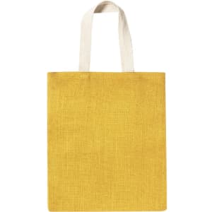 A yellow tote bag with contrasting cream handles and a simple design. It features a logo.