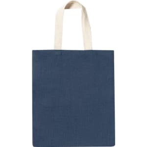 A navy tote bag with cream-coloured handles, featuring a simple design and a branding logo.