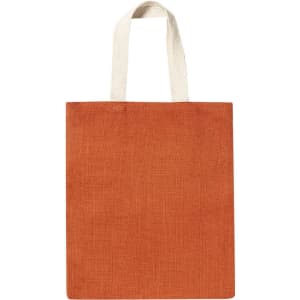 A tote bag in a warm orange hue with off-white handles and a plain design. Features a logo.