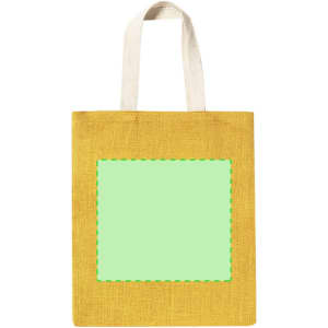 A yellow tote bag with white handles and a green outlined area for branding or decoration.