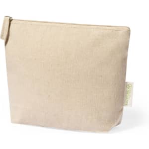 A beige toiletry bag made of recycled cotton, featuring a zip closure and a small tag.