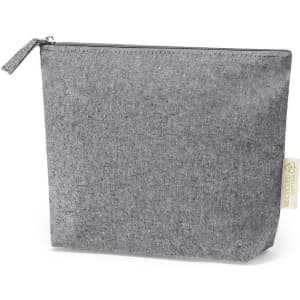 A grey toiletry bag with a zip closure, made from recycled materials, featuring a branding label.