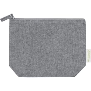 A grey toiletry bag with a zip closure and a tag. The fabric appears textured and durable.