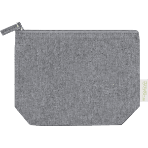 A grey toiletry bag made from recycled materials, featuring a zip closure and a logo tag.