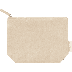 A beige toiletry bag with a zipper closure and a tag. It has a plain design and includes branding.