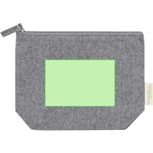 A grey toiletry bag with a zip closure and a green patch on the front, featuring a logo.