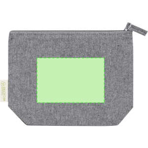 A grey toiletry bag with a zip closure and a blank green label area, featuring a logo on the side.