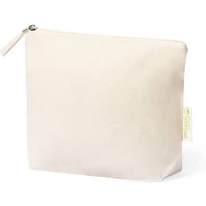 A beige toiletry bag with a zip closure, featuring a small logo patch on the side.