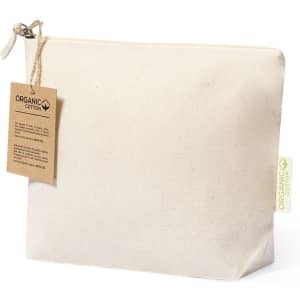 A cream toiletry bag made from organic cotton, featuring a tag and a logo. Simple and eco-friendly design.