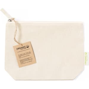 A cream-coloured toiletry bag made of organic cotton with a tag attached. Features a zip closure.