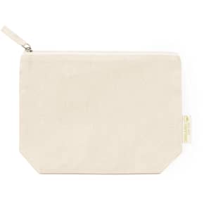 A neutral cream toiletry bag with a zipper and an attached logo label. Features a rectangular shape.