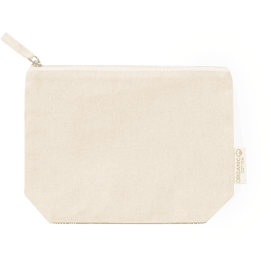 A beige toiletry bag with a zippered closure and a small tag featuring a logo.