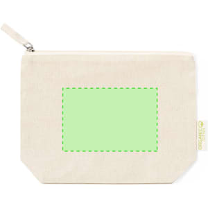 A natural-coloured toiletry bag with a green dashed outline panel and a zip closure, featuring a logo at the side.