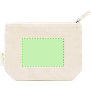 A cream toiletry bag featuring a green stitched outline and a zip closure. It has a logo on the side.