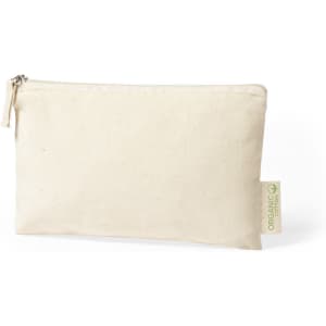 A natural beige toiletry bag with a zip closure and a small logo tag. Suitable for cosmetic storage.