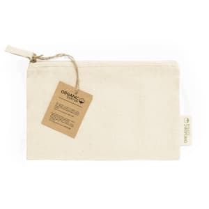 A cream toiletry bag made of organic cotton, featuring a tag and a small logo.