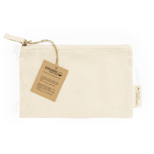 A cream, organic cotton toiletry bag with a tag and a zip closure. It has a simple, natural design.