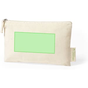 A beige toiletry bag with a green rectangle design and a logo tag on the side.