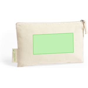 A cream toiletry bag with a zip closure and a blank green area for customisation. It features a branding label.
