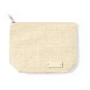 A beige toiletry bag with a textured surface and a silver zipper, featuring a logo tag.