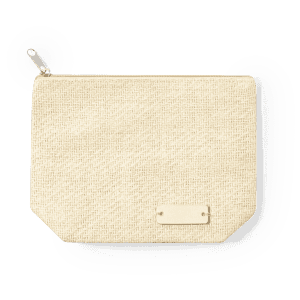 A beige toiletry bag with a subtle textured pattern and a small logo tab on the front.
