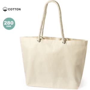 A cream-coloured tote bag with rope handles, made from 280 GSM cotton and featuring a logo.