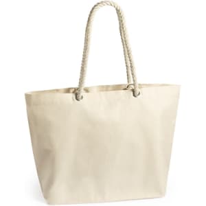 A large cream tote bag with rope handles, featuring a simple design and a logo.