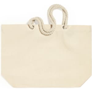 A beige tote bag with a rope handle and a simple, unembellished design. It includes a logo.