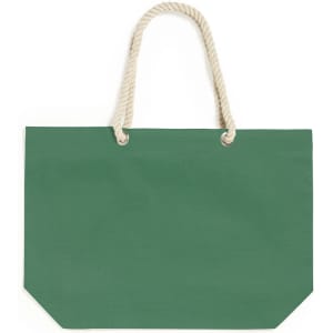 A green tote bag with a textured surface and rope handles. The bag features a simple, unadorned design.