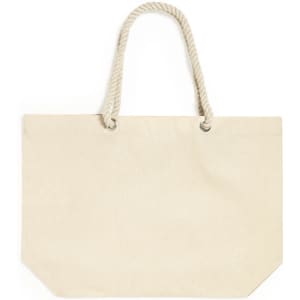A natural beige tote bag with rope handles and a simple design. The bag features a logo.