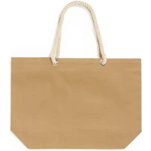 A tan tote bag with a rope handle and eyelet details, featuring a plain exterior without graphics or text.