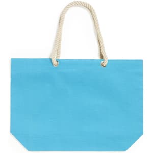 A blue tote bag with a rope handle, featuring a simple design and no visible branding.