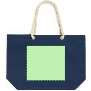 A navy blue tote bag featuring a green blank square and two rope handles. The bag has a simple, modern design.