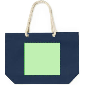 A navy tote bag with rope handles and a large green square area in the centre, featuring a logo.