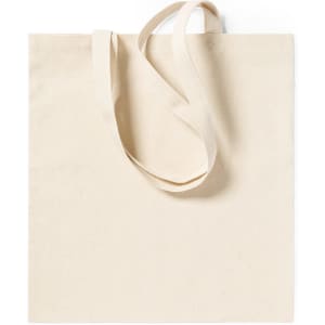 A beige tote bag with long handles, featuring a simple design and no visible logos.