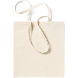 A cream-coloured tote bag with long handles and a simple design. It features a logo on one side.