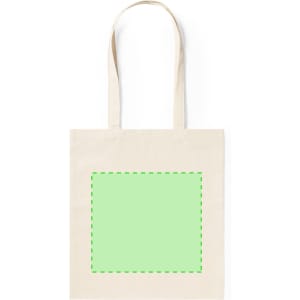 A beige tote bag with green outlined space, featuring two handles and a simple design.