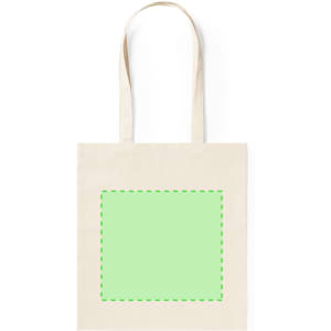 A beige tote bag featuring a green square design and sturdy handles, ideal for carrying everyday items.