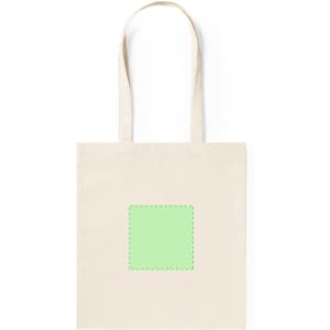 A beige tote bag with two handles featuring a green square design in the centre. The bag has a simple style.