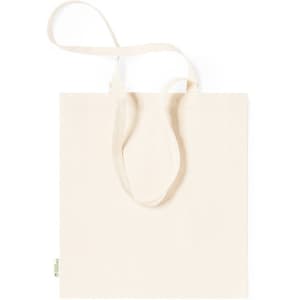 A cream-coloured tote bag with long straps and a simple design, featuring a logo on one edge.