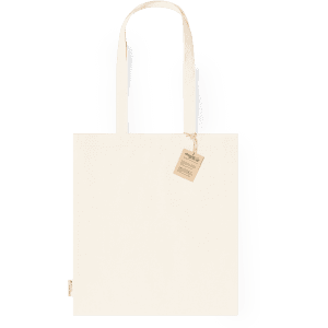 A natural-coloured tote bag with long handles and a tag, featuring a simple, unembellished design.