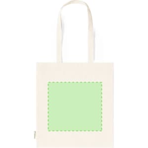 A cream tote bag with long handles and a green stitched outline. It features a branding label.